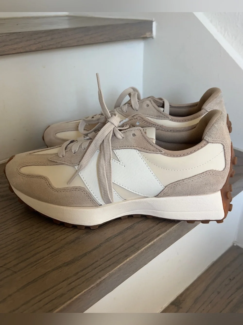 New Balance Beige and White Retro Runner Sneakers - Picture 6 of 8